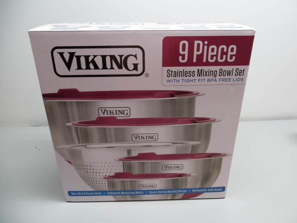 Viking Stainless Steel 9 Piece Mixing Bowl Set Red Lids Strainer Measuring Mark